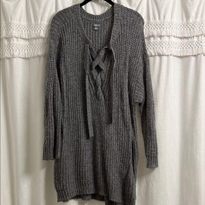 Aerie Charcoal V-Neck Sweater with Lace-Up Front